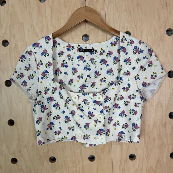 Zara Women’s Floral Button Front Square Neck Crop Top Size Medium - Picture 4 of 7